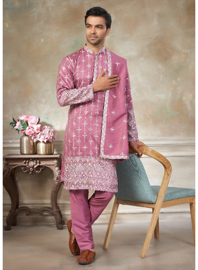 OUTLUK Pink Embroidered Kurta and Pajama Set for Men - Image 1